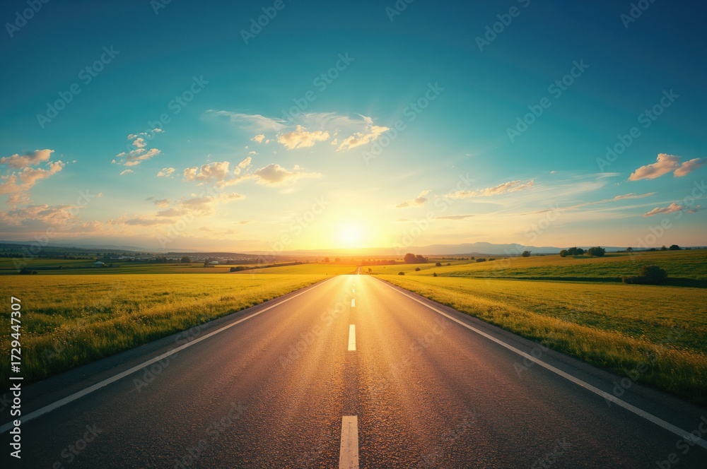 Naklejka premium Desolate highway bathed in afternoon sunlight with clear sky and green fields