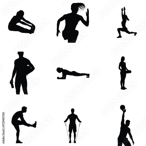 Silhouette collection showcasing diverse fitness activities including stretching running yoga weightlifting and bodyweight exercises for health
