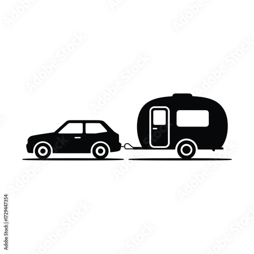 Minimalist silhouette of a car towing a cozy caravan for outdoor adventures