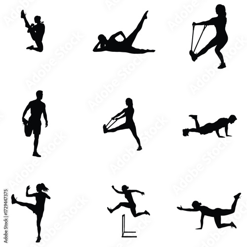 Silhouettes of people exercising stretching and doing physical activity for fitness health and wellness on a white background in a vector style