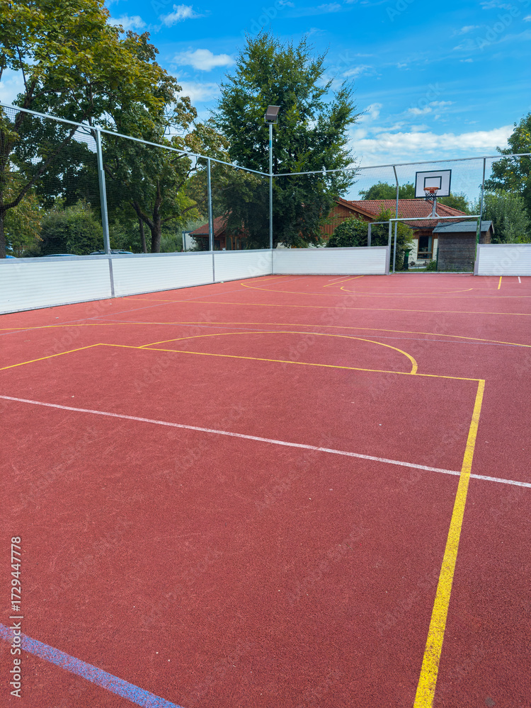 Fototapeta premium Basketball court with vibrant red surface showcases clear blue sky and green trees in a quiet park setting during midday