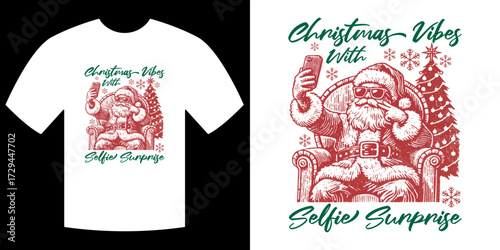 Festive Selfie Surprise: A cheerful Santa Claus, caught mid-selfie on a holiday tee, with Christmas-themed design, embodying the playful spirit of the season. 
