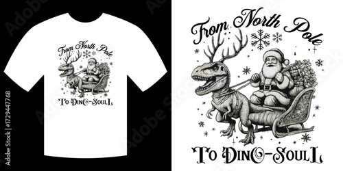 Festive Christmas Design on Tee: An artistic black and white illustration depicts Santa Claus riding a sleigh pulled by a fearsome dinosaur.