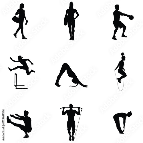 Silhouettes showcasing diverse fitness activities including yoga weightlifting running and calisthenics for health and wellness promotion