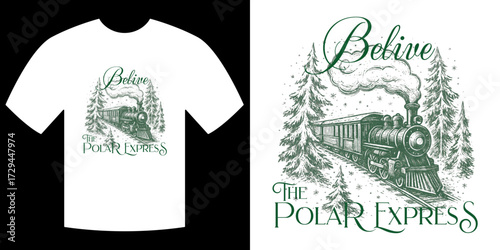 Believe the Polar Express: A captivating depiction of a classic train, the Polar Express, with a nostalgic sketch-style graphic, beckoning viewers to embrace the spirit of adventure. 