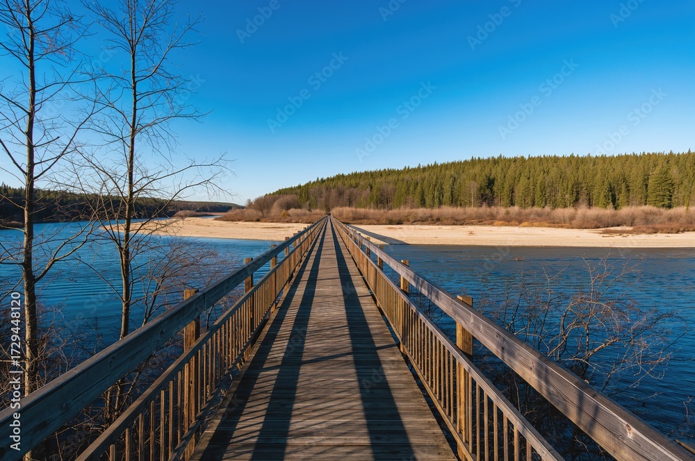 Naklejka premium Pedestrian wooden footbridge crossing a river surrounded by forest under a clear blue sky in late winter.