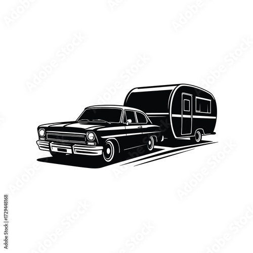 Classic car towing a vintage camper silhouette for road trip adventures