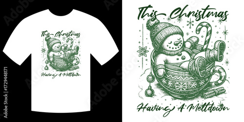 Christmas Snowman Meltdown T-shirt Design: Embrace the holiday spirit with a charming t-shirt design showcasing a whimsical snowman relaxing, enjoying a seasonal meltdown
