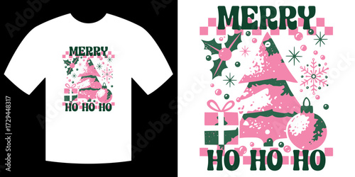 Festive Holiday T-Shirt Design: A playful holiday t-shirt, features a christmas tree, ornaments, and Merry Ho Ho Ho text. designed for the holiday season with style.