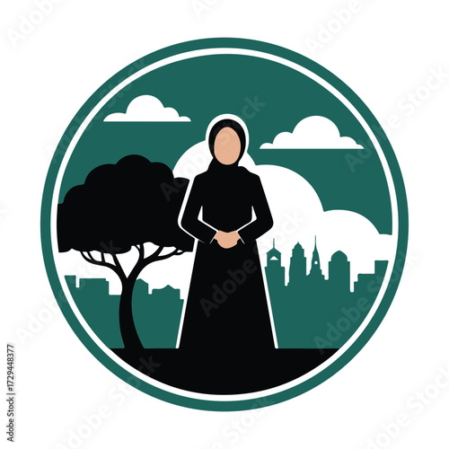 Woman in traditional attire standing in a circular emblem silhouette