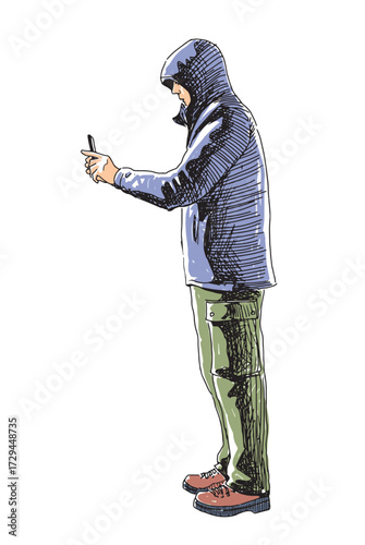 One young modern man photographing on smartphone, standing, jacket  hood, profile view, outdoors, realistic sketch, vector outline hand drawing, white background