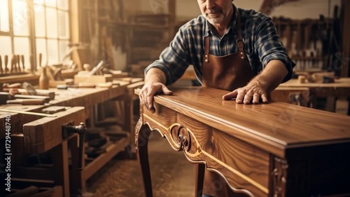 Woodworker crafting wooden furniture in workshop detail