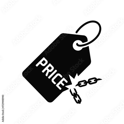 Silhouette of a price tag breaking a chain symbolizing freedom from expensive costs