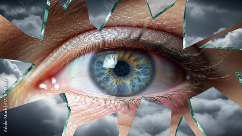 Eye looking through broken glass, reflection of sky in fragments