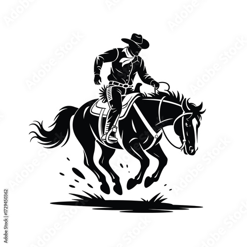 Dynamic silhouette of a cowboy riding a galloping horse in action