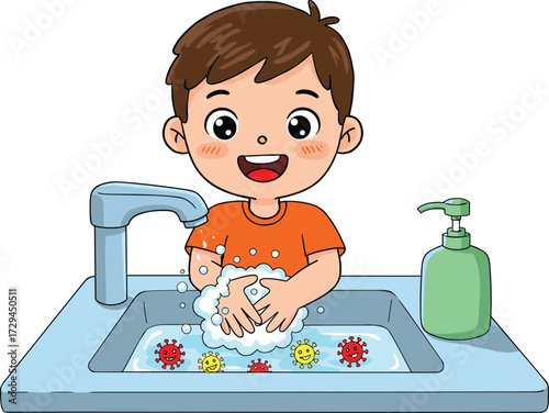 Cartoon boy washing hands with soap, cute child hygiene illustration, coronavirus prevention, kids health, sink, water, germs, safety concept
