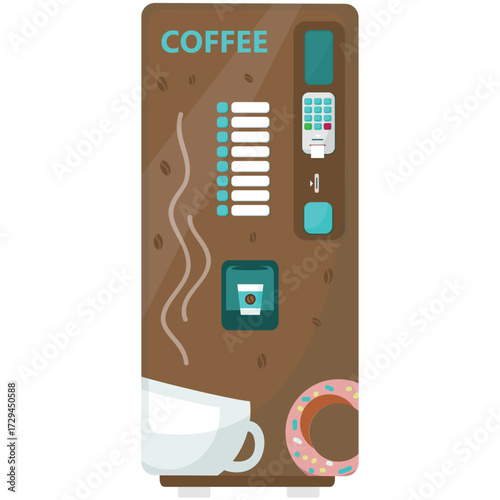 Vector coffee vending machine illustration. Hot beverage selling automatic drink dispenser device isolated icon on white background
