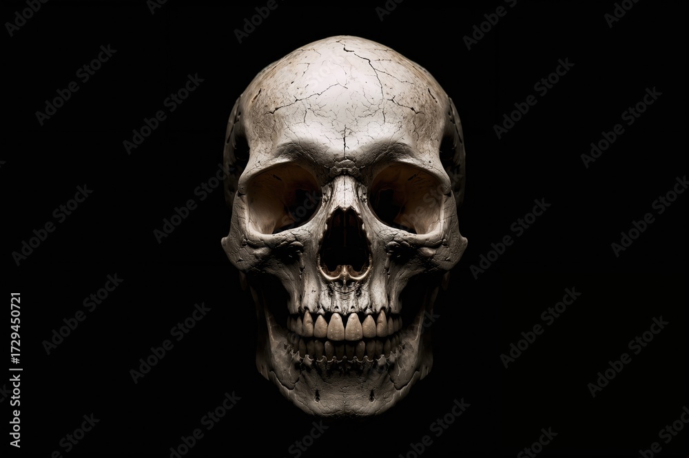 Obraz premium A pale skull featuring empty eye holes, defined cheekbones, and a smiling jaw, highlighted by fractures and dark shades, representing mortality and deterioration.