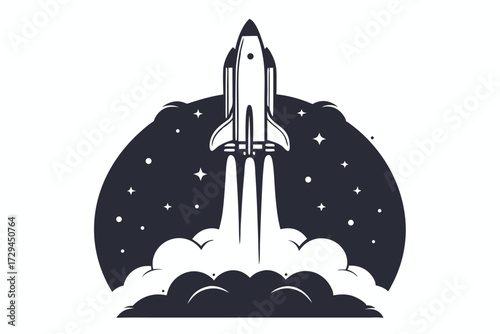 Rocket Launch with Smoke Trail and Stars on White Background