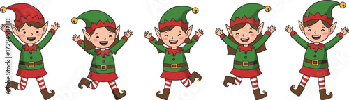 Cartoon illustration of happy Christmas elves, kids in festive costume, holiday celebration, winter season characters, cute children Santa helpers