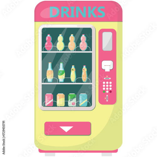 Vector drink vending machine illustration. Automatic device selling beverage as lemonade, juice and soda, cola drink can bottle and glass jar isolated icon on white background