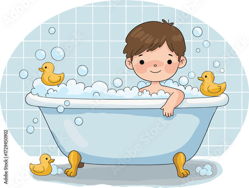 Cute boy in bathtub with bubbles, rubber duck toys, bathroom fun, child bathing, hygiene, kids wash time, cartoon illustration