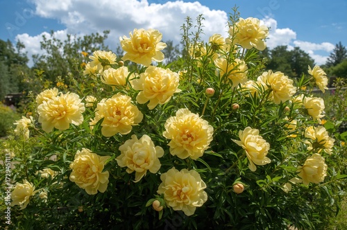 Fototapeta Naklejka Na Ścianę i Meble -  A cluster of vibrant yellow double peonies flowering in the yard