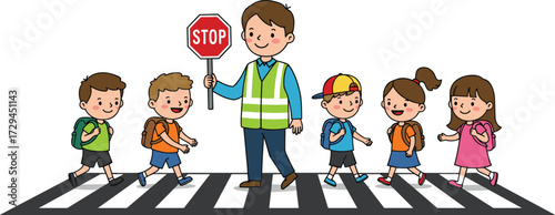 School children crossing street with crossing guard, stop sign, pedestrian safety, kids walking crosswalk, road safety education, traffic awareness illustration