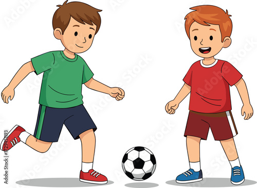 Two cartoon boys playing soccer together, children in sportswear kicking football, happy kids teamwork, outdoor activity, friendship, fun game illustration