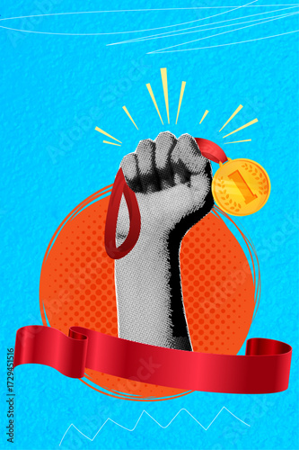 A trendy halftone collage featuring a hand holding a gold medal, symbolizing victory, championship, achievement, success, and first place. Space for text or advertising. Vertical vector illustration.