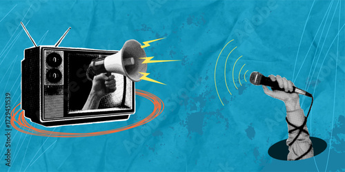A trendy halftone collage depicts a hand holding a microphone, conducting an interview with a television set, from which a hand with a megaphone protrudes. This concept is a metaphor for news and inte
