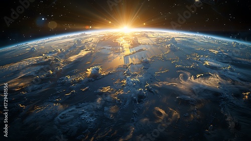 Stunning sunrise illuminates Earth's atmosphere and clouds from space, casting golden rays across the planet's surface, inspiring wonder and exploration.