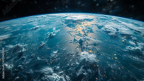 Stunning view of Earth from space at night, illuminated by city lights and reflecting sunlight on swirling clouds, a breathtaking cosmic perspective.