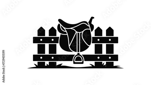 Equestrian saddle silhouette on a wooden fence illustration