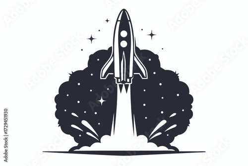 Space Shuttle Launching, Rocket, Stars, Takeoff, Engine Fire, Vector, White Background
