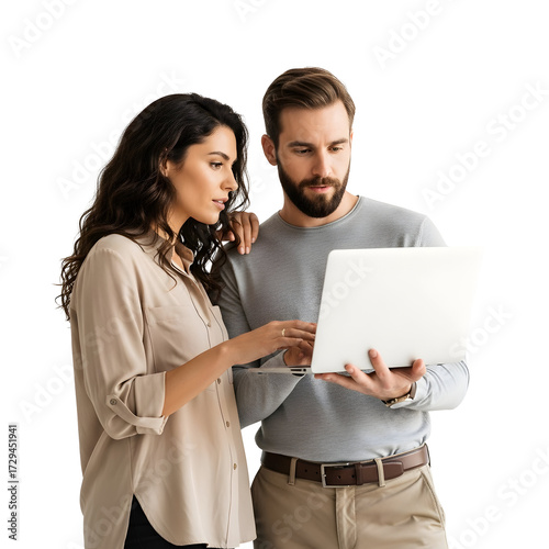 Couple working together on a laptop, collaborating on a project, and sharing ideas with focus and determination