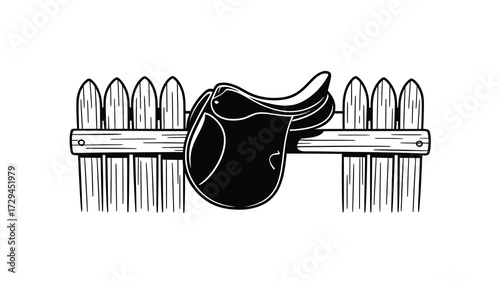 Equestrian saddle silhouette resting on a rustic wooden fence post