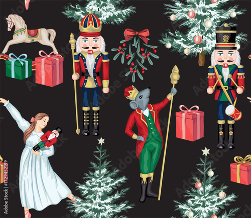 Nutcracker, ballerina, mouse king, Christmas tree, rocking horse, presents, mistletoe seamless pattern. Merry Christmas, New Year wallpaper.