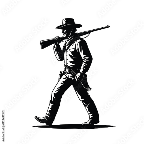 Silhouette of a cowboy walking with rifle over shoulder western art style