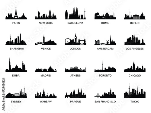 City skyline silhouettes. Paris, New York, Barcelona, Rome, Berlin, Shanghai, Venice, London, Amsterdam, Los Angeles, Dubai, Madrid, Athens, Toronto, Chicago, Sydney, Warsaw, Prague, San Francisco.