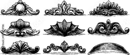 Baroque ornaments set in vintage engraved style for design and decoration projects