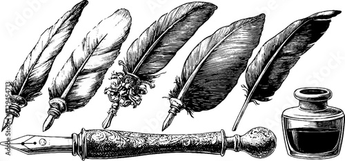 Vintage calligraphy pens and ink bottle set - hand drawn engraved illustration for artistic design