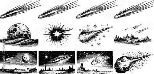 Celestial phenomena engraving: comets and meteors for retro design