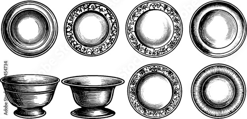 Vintage ceramic plates and bowls engraved illustration set for design