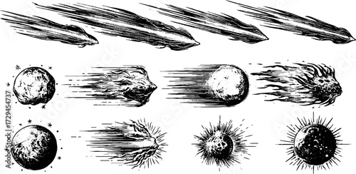 Vintage sketch of comets and meteors silhouette set for retro design