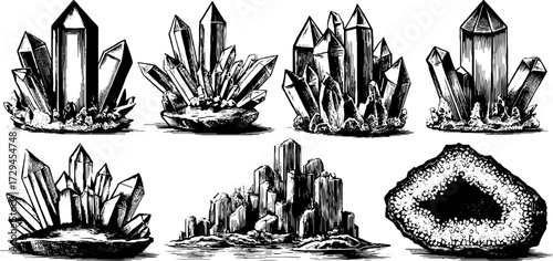 Intricate crystal cave engravings: vintage hand drawn collection for unique design projects