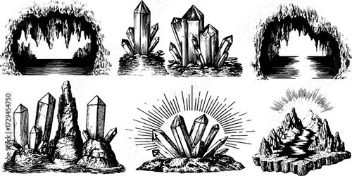 Engraved crystal caves and crystals set for design and decoration