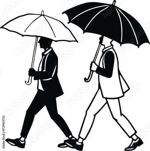 Silhouette of diverse people walking together under umbrellas during a rainy day symbolizing community and protection