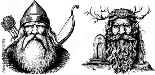 Fantasy creatures featuring elves and dwarves engraved art design for posters