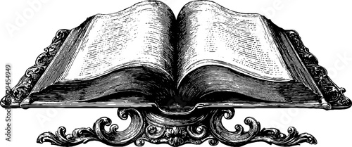 Intricate engraving of an open ancient manuscript for historical design and decor